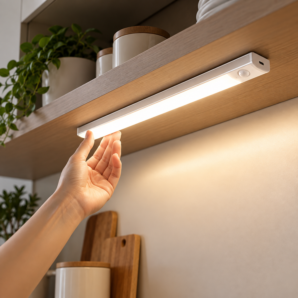 Warm LED motion sensor light under a kitchen cabinet